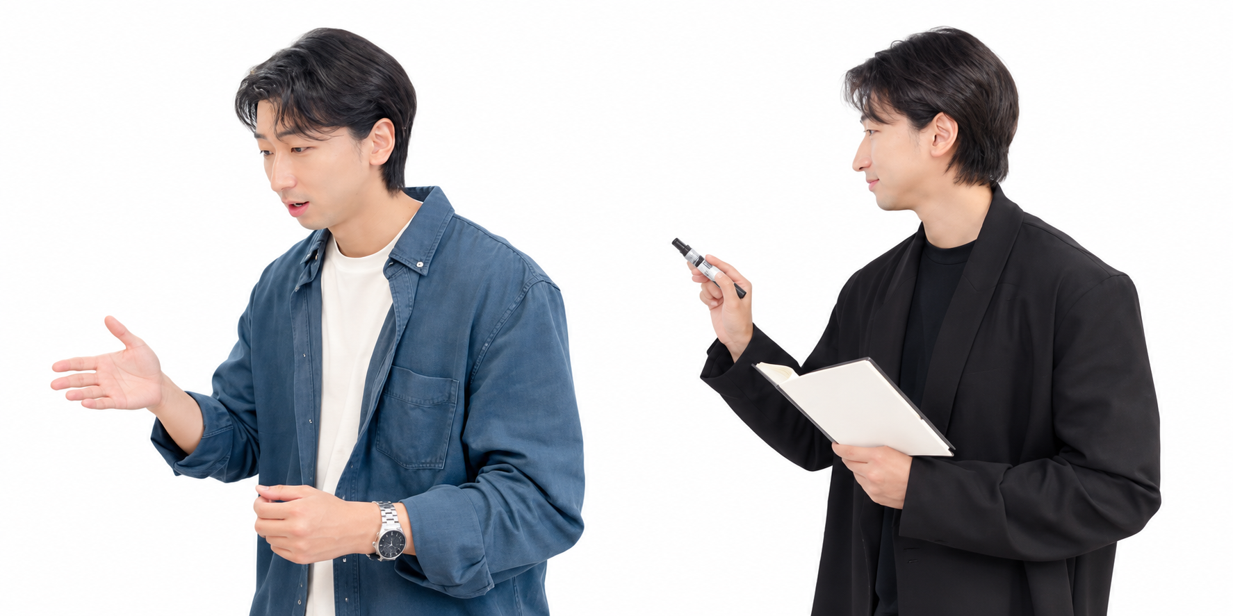 青いシャツを着て指導する韓国語講師